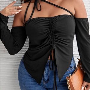 Plus Asymmetrical Neck Drawstring Front Split Hem Tee